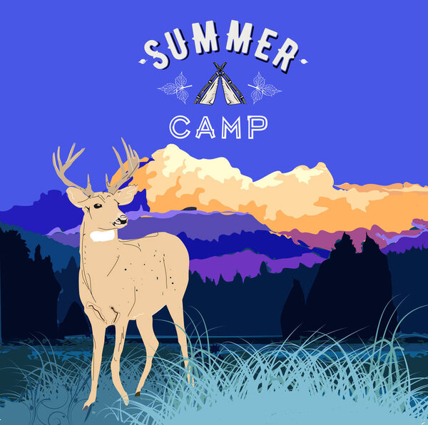 Summer camp label / illustration. Beautiful landscape with forest and sunset in mountains
