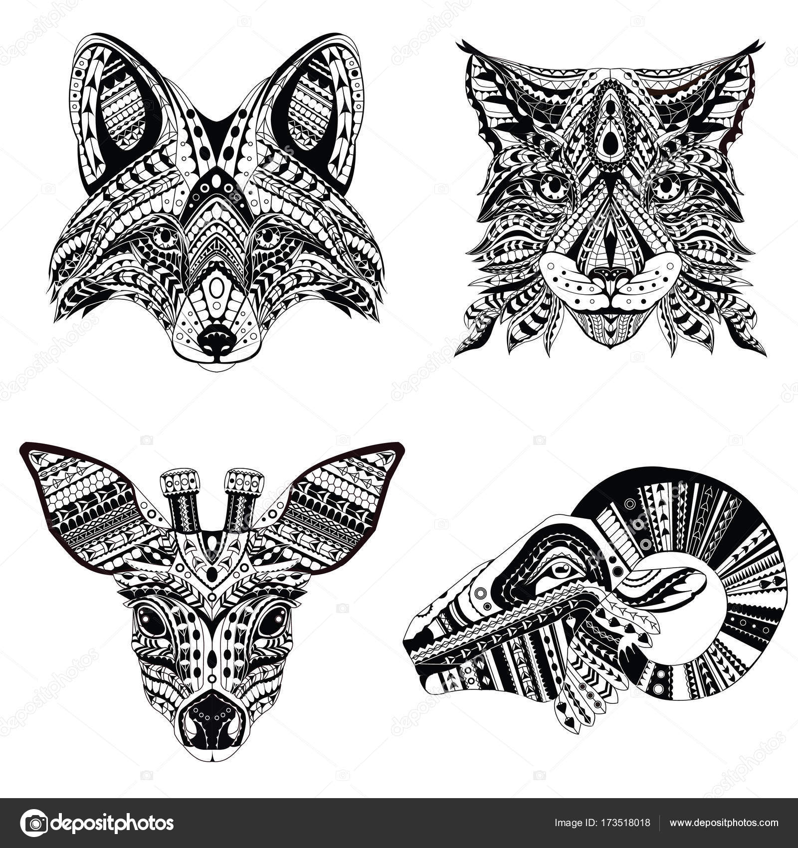 Set di teste a motivi di lince volpe capriolo e ram Libro da colorare antistress adulto Animale di doodle disegnato a mano bianco nero