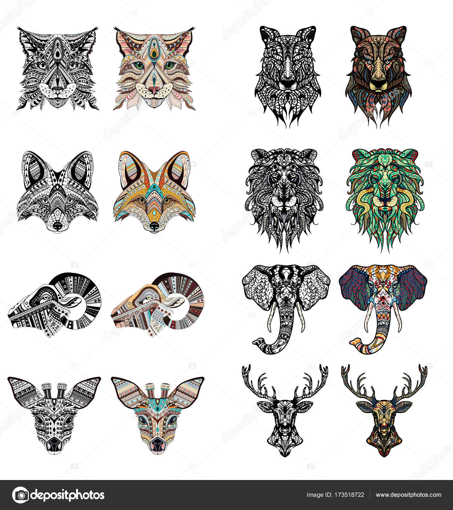 Set of Patterned heads of lion, deer, wolf, lynx, fox, ram, roe and  elephant. Adult anti-