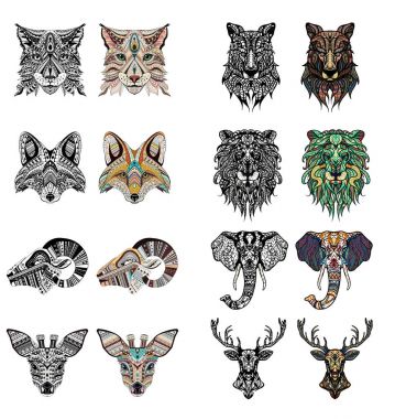 Aslan, geyiği, kurt, vaşak, fox, ram, Karaca ve fil desenli başkanları kümesi. Yetişkin anti-stres boyama kitabı. Siyah beyaz el çizilmiş doodle hayvan. Afrika, Hint totem / dövme tasarım. T-shirt, kartpostal, poster tasarımı