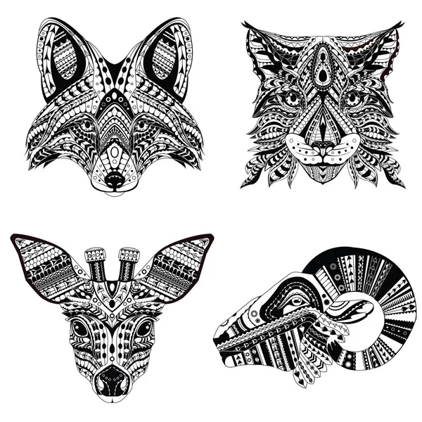 Set of Patterned heads of lynx, fox, roe and ram. Adult anti-stress coloring book. Black white hand drawn doodle animal. African, indian totem / tattoo design. T-shirt, postcard, poster design — Stock Vector