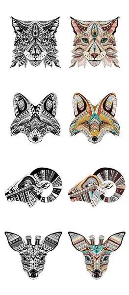 Set of Patterned heads of lynx, fox, roe and ram. Adult anti-stress coloring book. Black white hand drawn doodle animal. African, indian totem / tattoo design. T-shirt, postcard, poster design — Stock Vector