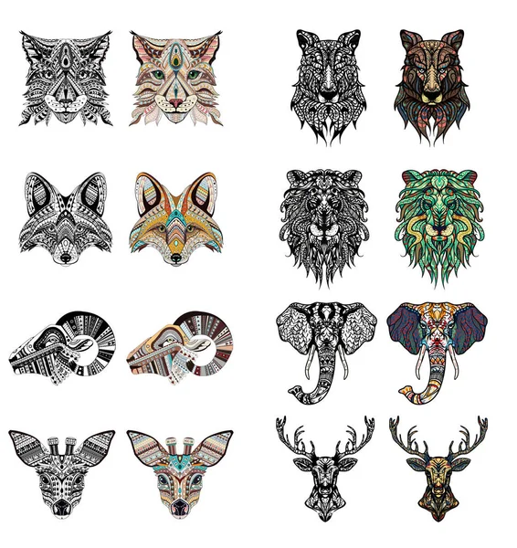 Aslan, geyiği, kurt, vaşak, fox, ram, Karaca ve fil desenli başkanları kümesi. Yetişkin anti-stres boyama kitabı. Siyah beyaz el çizilmiş doodle hayvan. Afrika, Hint totem / dövme tasarım. T-shirt, kartpostal, poster tasarımı