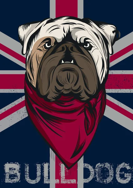 Englisches Bulldoggen-Porträt gegenüber britischem Flaggschiff. kann als Emblem, Zeichen, Logo, Print für T-Shirts verwendet werden — Stockvektor