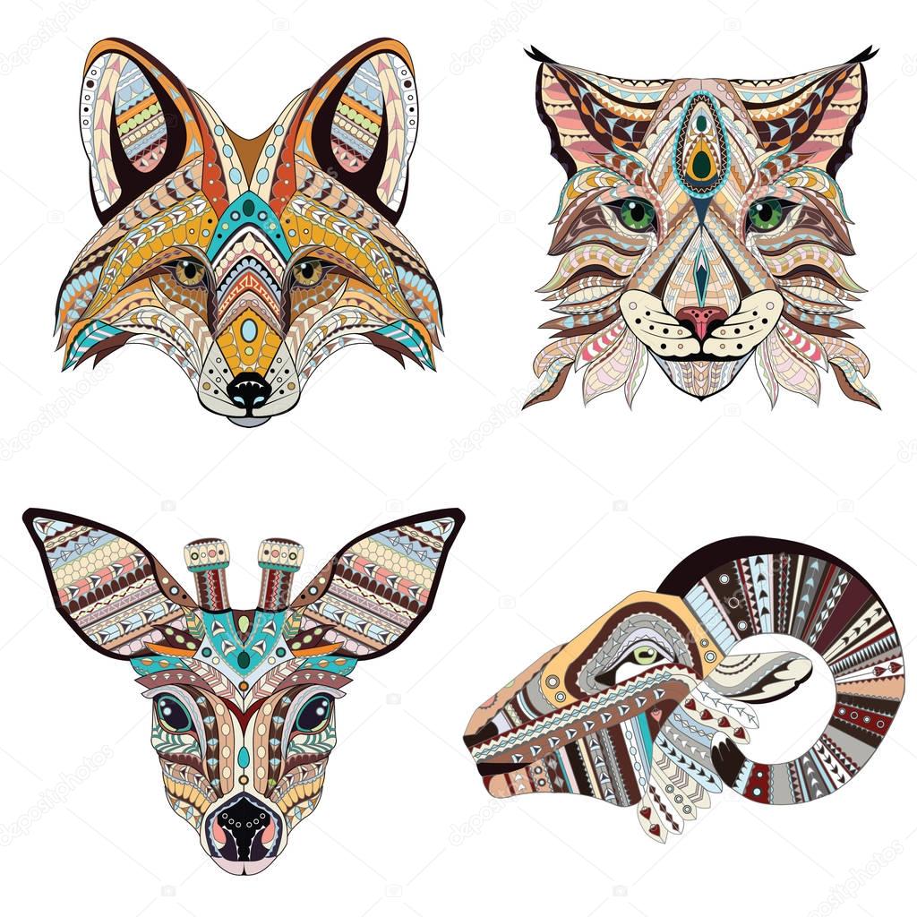 Set of Patterned heads of lynx, fox, roe and ram. Adult anti-stress coloring book. Black white hand drawn doodle animal. African, indian totem / tattoo design. T-shirt, postcard, poster design