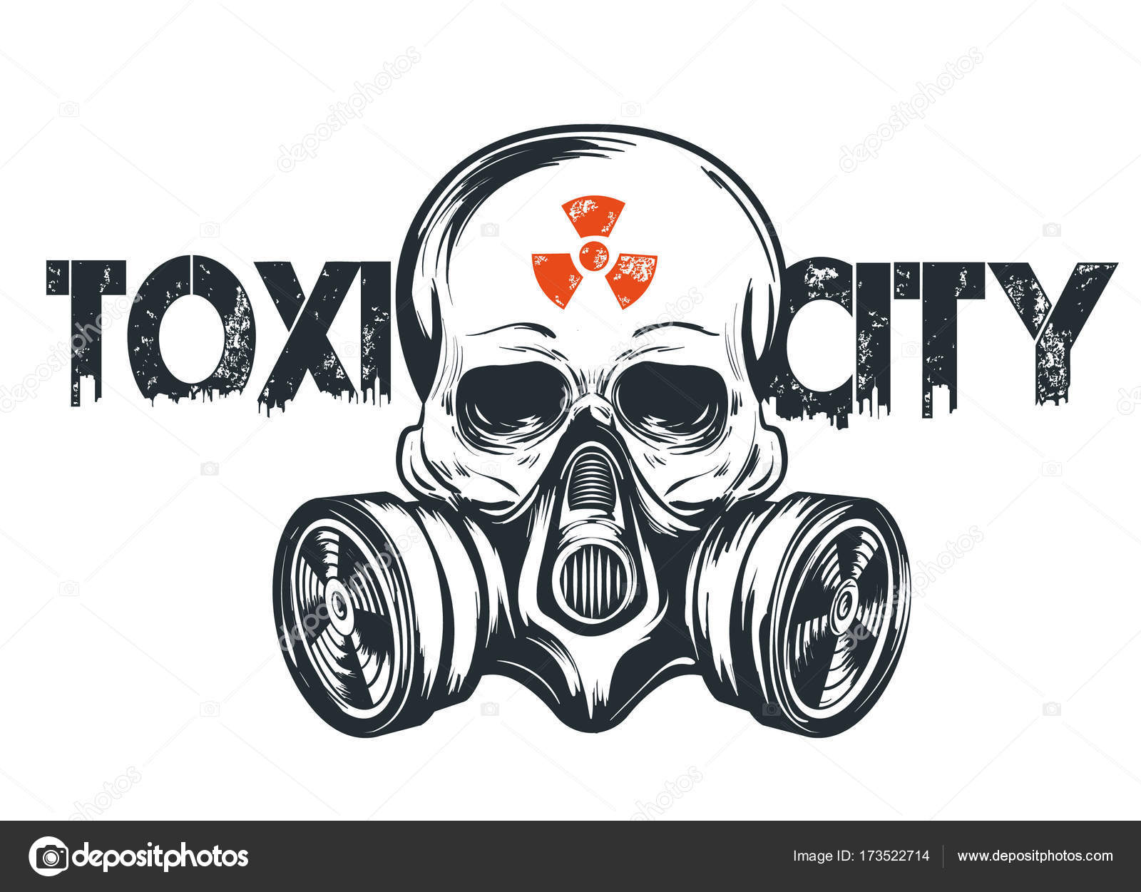 가스 마스크 그림에 해골입니다. 독성 상징, 방사선 기호 T-셔츠 인쇄, 문신으로 사용할 수 있는 디자인, 로고. 도시 스타일 스톡  벡터 - ©Kisa.Murisa 173522714, image size:1600x1251