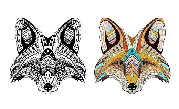 Fox desenli başkanı. Yetişkin anti-stres boyama sayfası. Siyah beyaz ve renkli el çekilmiş zentangle hayvan. Afrika / Hint / totem / dövme tasarım. T-shirt, çanta, kartpostal, poster tasarımı
