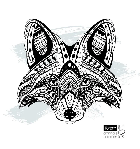 Cabeza de zorro con dibujos. Página para colorear adulto anti-estrés. Negro blanco dibujado a mano zentangle animal. Diseño africano / indio / tótem / tatuaje. Camiseta, bolso, postal, diseño de póster — Vector de stock