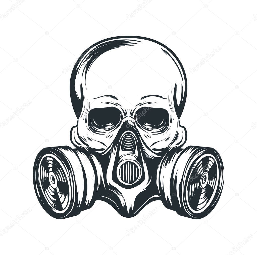 Skull in gas mask illustration. Toxicity emblem, radiation sign. Can be used as t-shirt print, tattoo design, logo. Urban style