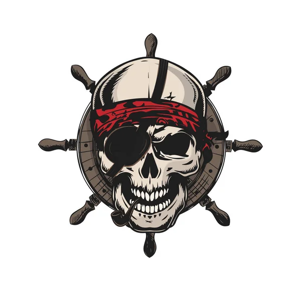 Originale Logo Retrò Del Cranio Pirata Con Pipa Fumante Volantino — Vettoriale Stock