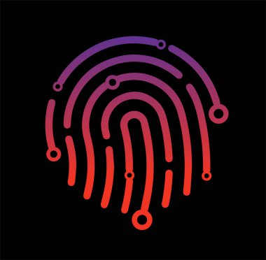 Soyut teknoloji logo, tasarım konsepti, amblem, simge, düz logo öğe şablonu için. Bu şirket işareti vektör çizim. Parmak yüksek teknoloji tarzda yazdırma. Güvenlik kavramı. Bilgisayar Bilimleri