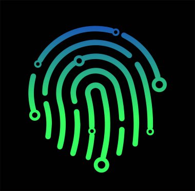 Soyut teknoloji logo, tasarım konsepti, amblem, simge, düz logo öğe şablonu için. Bu şirket işareti vektör çizim. Parmak yüksek teknoloji tarzda yazdırma. Güvenlik kavramı. Bilgisayar Bilimleri