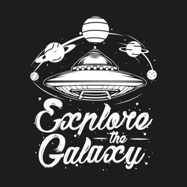 Gezegenler tarafından çevrili uzay gemisi ile soyut vektör çizim. Uzay ve evren kavramı keşfetmek. UFO, uzaylılar, komplo teorisi dövme, t-shirt, poster sanat. 