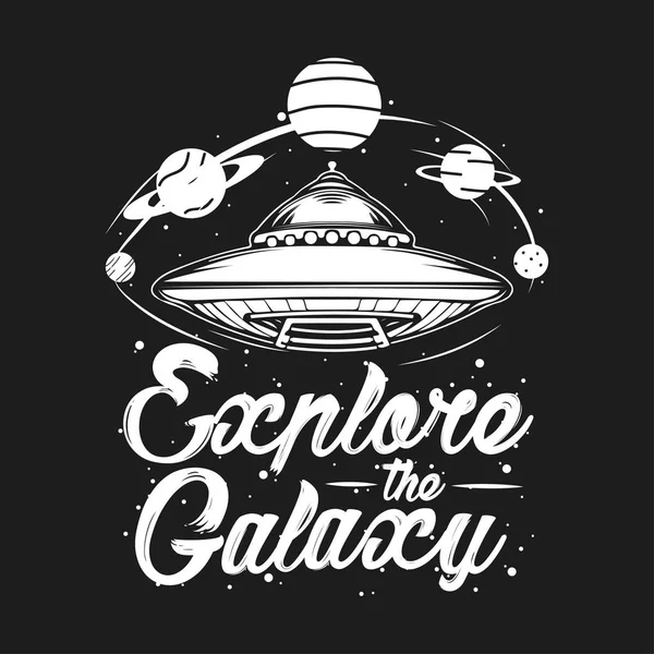 Abstract vector illustration with spaceship surrounded by planets. Space travel and universe exploring concept. UFO, aliens, conspiracy theory tattoo, t-shirt, poster art. 