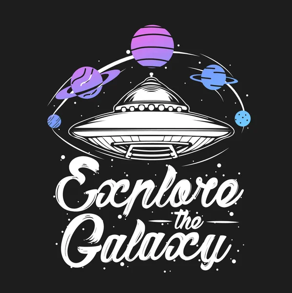 Abstract vector illustration with spaceship surrounded by planets. Space travel and universe exploring concept. UFO, aliens, conspiracy theory tattoo, t-shirt, poster art. 