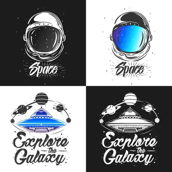 Gezegenler tarafından çevrili uzay gemisi ile soyut vektör çizim. Uzay ve evren kavramı keşfetmek. UFO, uzaylılar, komplo teorisi dövme, t-shirt, poster sanat. 