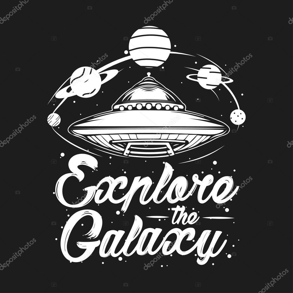 Abstract vector illustration with spaceship surrounded by planets. Space travel and universe exploring concept. UFO, aliens, conspiracy theory tattoo, t-shirt, poster art. 
