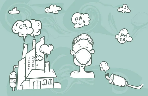 Ilustração homem usando máscara contra smog., poluição do ar, conceito de proteção industrial smog design estilo plano vetor ilustração., desenhado à mão estilo vetor doodle design ilustrações . —  Vetores de Stock