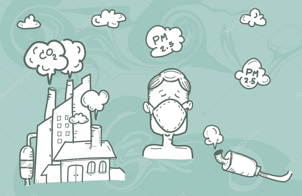 Illustration man wearing mask against smog.,air pollution, industrial smog protection concept flat style design vector illustration.,hand drawn style vector doodle design illustrations.