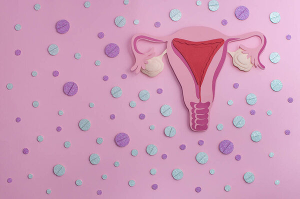 The concept of birth control - women's reproductive system, women contraceptive hormonal birth control pills. Planning pregnancy concept. Paper art, pink background with glitter. Copy space for text