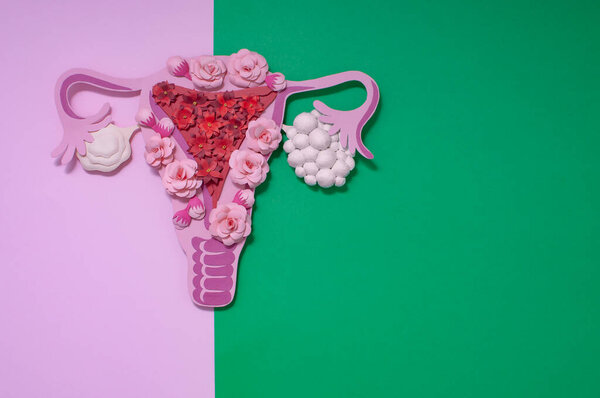 Concept polycystic ovary syndrome, PCOS. Paper art, awareness of PCOS, image of the female reproductive system, copy space for text