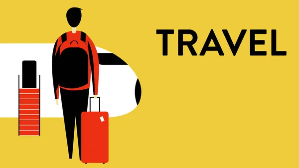 Illustration vectorielle d'un homme embarquant dans un avion avec un sac à dos — Image vectorielle