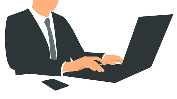 Vector illustratie van een zakenman zit in het kantoor en werkt op een laptop. Affiche met tekst plaatshouder en beschrijving — Stockvector