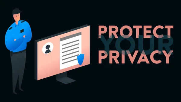 Ilustración vectorial moderna de una pantalla de ordenador con datos personales y una persona en uniforme que lo protege. En el lado derecho hay un titular: Protege tu privacidad — Vector de stock