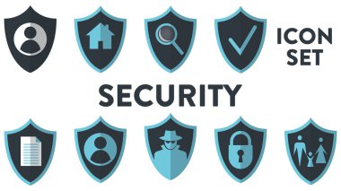 Güvenlik vektör simgeleri kümesi. Dokuz simgenin her birinin arka planında bir kalkan var