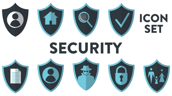 Conjunto de iconos vectoriales de seguridad. Cada uno de los nueve iconos tiene un escudo en el fondo — Vector de stock