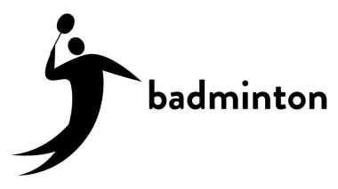 Üzerinde badminton oyuncusunun simgesi olan bir vektör pankartı elinde raketle manşetle mekiklere vuruyor. Modern düz badminton spor ikonu, pictogram