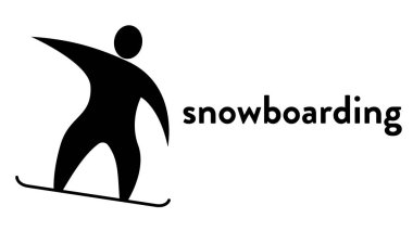 Metin başlığıyla yokuş aşağı inen bir snowboardcunun simgesi olan vektör pankartı. Modern düz snowboard sporu ikonu, pictogram