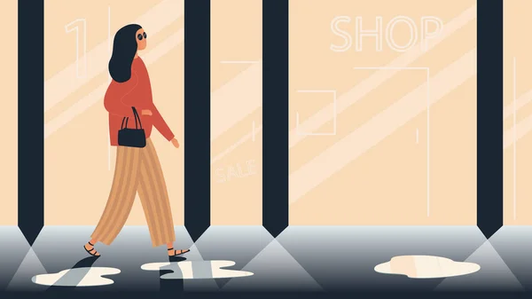 Vector illustratie van een stijlvol meisje wandelen door de straat in de avond door modewinkel en boetiek — Stockvector