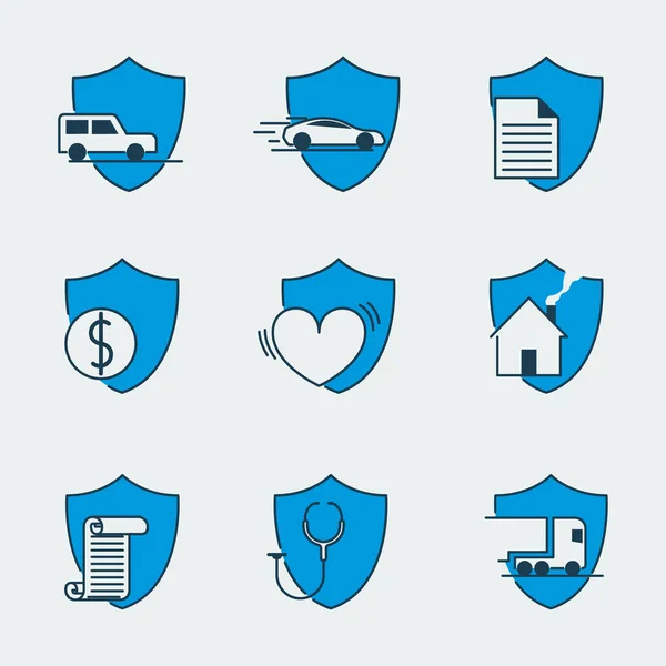 Icono con nueve iconos de escudo para diferentes cuestiones de protección: seguro médico, entrega de carga confiable, seguridad financiera, protección de datos, seguridad en el hogar — Vector de stock