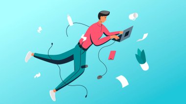 Odada yüzerken dizüstü bilgisayarla çalışan birinin modern illüstrasyonunu yönlendir