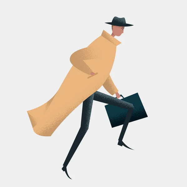 コートや帽子をかぶってブリーフケースを手に走っている男のベクトルイラスト。男性キャラクターを描く — ストックベクタ
