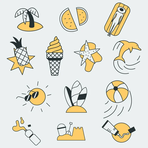 Ensemble d'icônes vectorielles d'un été différent, de nourriture et d'objets liés au plaisir. Chaque icône peut également être utilisée comme logo — Image vectorielle