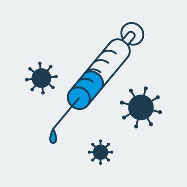 Tehlikeli bir virüs bakterisiyle çevrili bir şırınganın ikonu. Tıbbi koruma, kendini izole etme, sağlık güvenliği ve virüs karantinası kavramını temsil ediyor.