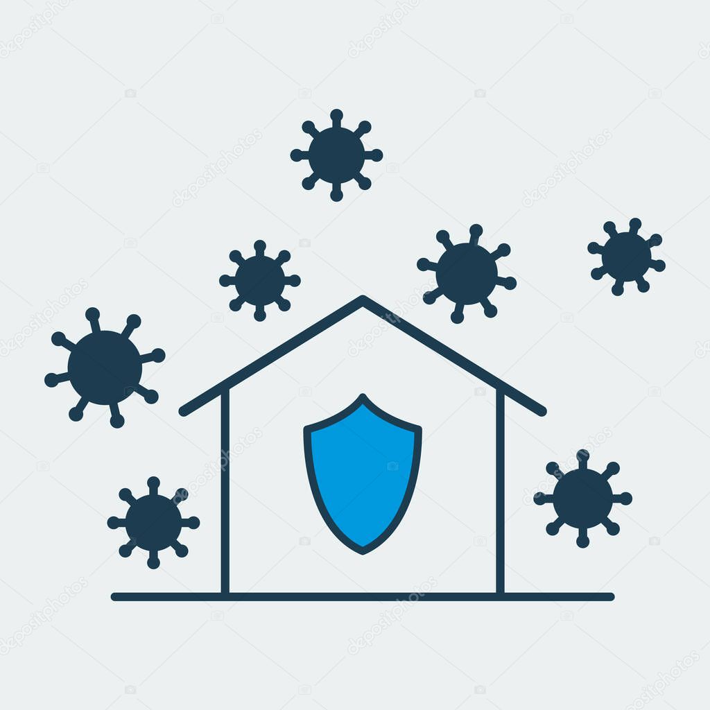 Vector icon of a house with a protection synbol of shield on it surrounded by a dangerous virus. It represents a concept of medical protection, self isolation, health safety and virus quarantine