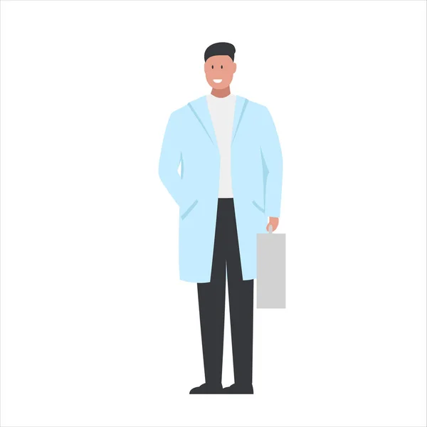一个带着公文包 面带微笑的男医生形象的生动形象 它代表了医生工作 医疗保护和健康安全的概念 — 图库矢量图片