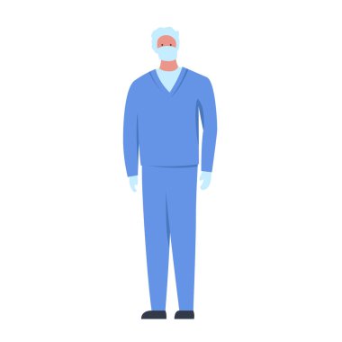 Eldiven ve başlık takan maskeli bir erkek doktorun renkli bir temsili. Doktorların çalışma, tıbbi koruma ve sağlık güvenliği kavramını temsil ediyor.