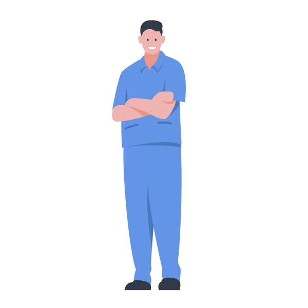 Illustrazione Colorata Vettoriale Personaggio Infermiere Sorridente Piedi Abito Medico Con — Vettoriale Stock