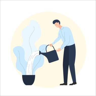 Odada bir bitkiyle büyük bir saksıyı sulayan bir adamın vektör renkli çizimi. Ev halkı, sağlıklı yaşam tarzı, ev bitkileri, karantina ve evde kalma kavramını temsil ediyor.