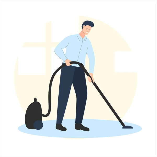 Vector illustration of a smiling man cleaning the room with vacuum cleaner. It represents a concept of cleanliness, quarantine and staying at home — Stock Vector