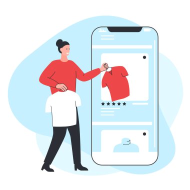 Cep telefonu ekranından kıyafet alan bir kadının vektör renkli tasviri. Çevrimiçi alışveriş, web sitesi tasarımı veya modern iniş sayfası kavramını temsil eder.