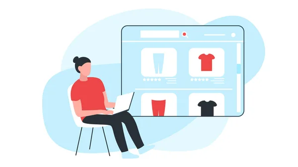 Dizüstü bilgisayarından giysiler çıkaran, online bir mağazadaki eşyalara bakan bir kadının vektör renkli tasviri. Çevrimiçi alışveriş, web sitesi tasarımı veya modern iniş sayfası kavramını temsil eder.