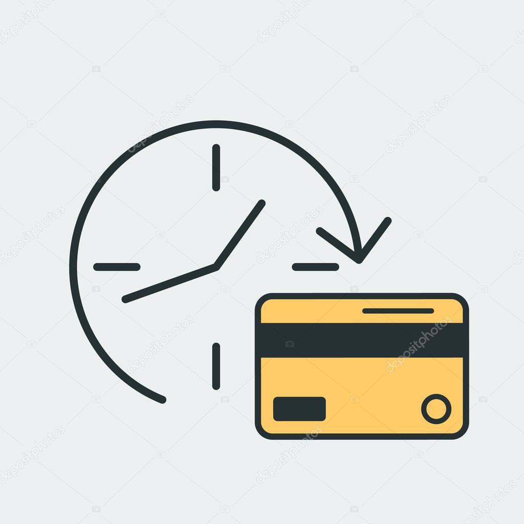 Vector colorful cash back icon with a clock, back arrow and credit card. It represents a concept of cash back, saving money, repayment, special offer. Also can be used as a logo, icon or badge