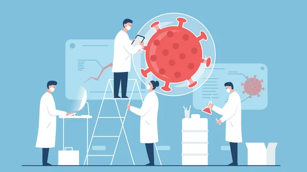 Kolorowa Ilustracja Wektorowa Zespołu Naukowców Pracujących Nad Szczepionką Przeciw Koronawirusowi — Wektor stockowy