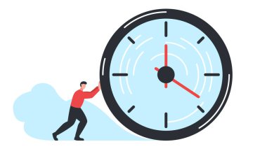 Büyük saat iten bir adamın modern renkli konsept vektör çizimi. Bir zaman yönetimi, takvim, teslim tarihleri, başarılı insanlar, motivasyon, güven ve hedef başarı kavramını temsil eder
