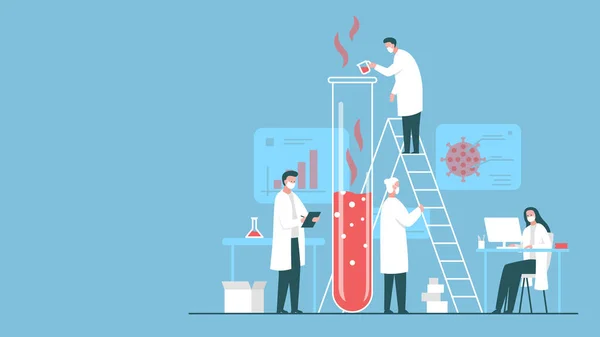 Laboratuvarda antiviral madde üzerinde çalışan bilim adamlarından oluşan bir ekibin vektör renkli tasviri. Aşı aramaları, tıbbi koruma ve doktor ve bilim adamlarının çalışmalarını temsil ediyor.